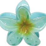 Translucent turquoise flower with a yellow center, viewed from above (bath accessory).
