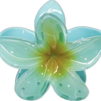 Translucent turquoise flower with a yellow center, viewed from above (bath accessory).