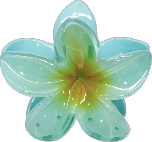 Translucent turquoise flower with a yellow center, viewed from above (bath accessory).
