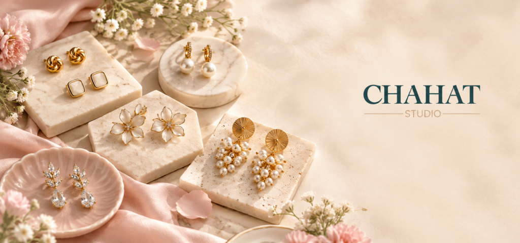 Brand hero image: gold and pearl jewelry arranged on marble blocks with pink fabric and flowers, CHEHAT Studio branding on the right.