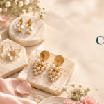 Brand hero image: gold and pearl jewelry arranged on marble blocks with pink fabric and flowers, CHEHAT Studio branding on the right.
