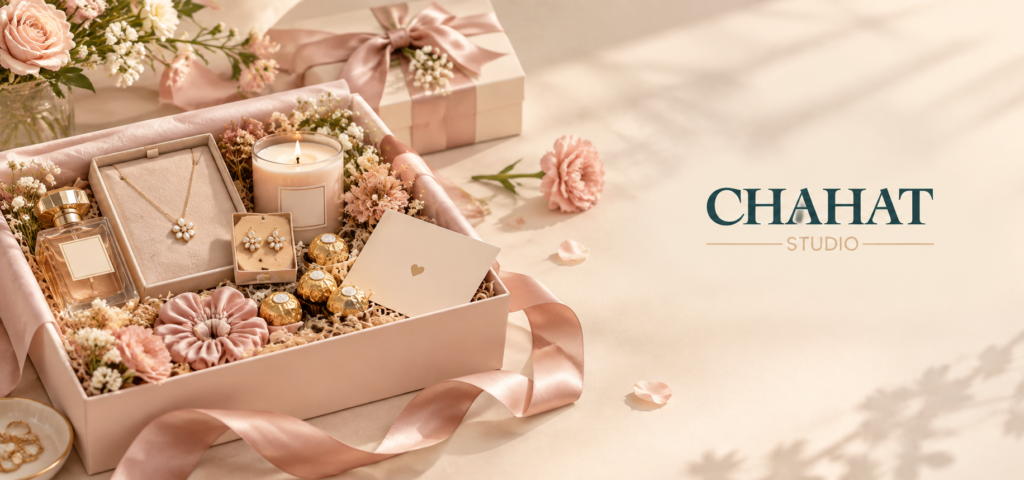 Elegant pink gift box set with jewelry, perfume, chocolates, a lit candle, and soft flowers on a satin surface; CHAHAT Studio branding visible to the right.