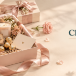 Elegant pink gift box set with jewelry, perfume, chocolates, a lit candle, and soft flowers on a satin surface; CHAHAT Studio branding visible to the right.