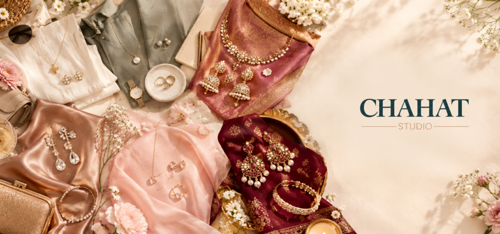 Gold and pearl jewelry arranged on silk fabrics with flowers, featuring CHAHAT STUDIO logo on the right.