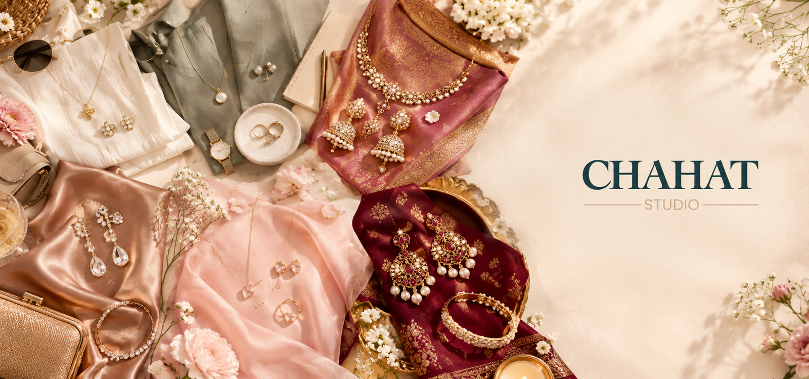 Gold and pearl jewelry arranged on silk fabrics with flowers, featuring CHAHAT STUDIO logo on the right.